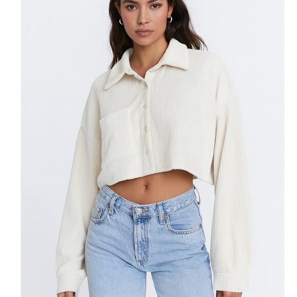 Danielle Guizio Corduroy Cropped Button-Up Top - Picture 1 of 8